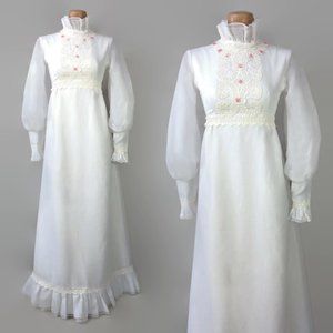 VINTAGE 60s 70s White Cottage Core Bishop Sleeve Maxi Dress 1970s Gunne Style